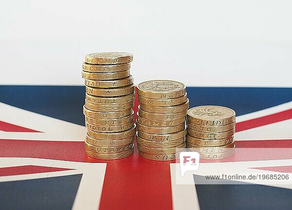 Pfund Münzen  Vereinigtes Königreich über Flagge