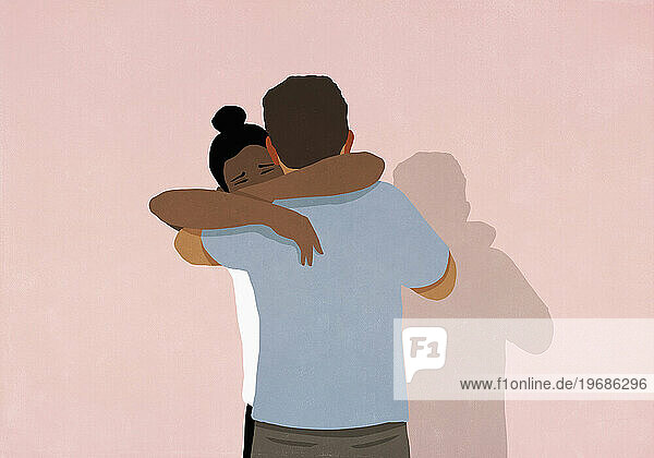 Couple hugging  boyfriend comforting girlfriend on pink background