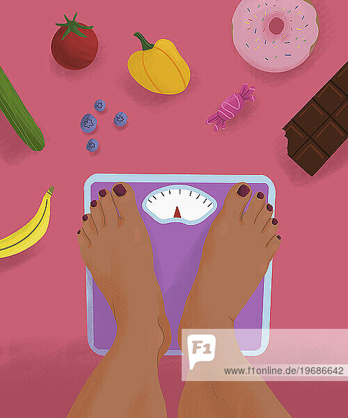POV legs of barefoot woman standing on weight scale surrounded by junk food and healthy food