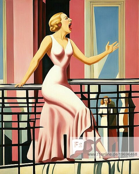 Figur einer Frau wie Evita Peron  Kurzhaarfrisur  blond  schlank  energisch  Art Deco Stil  die vom Balkon eines rosafarbenen Palastes zu einer Menschenmenge spricht und ein langes elegantes Kleid trägt  in Buenos Aires  Argentinien  Südamerika