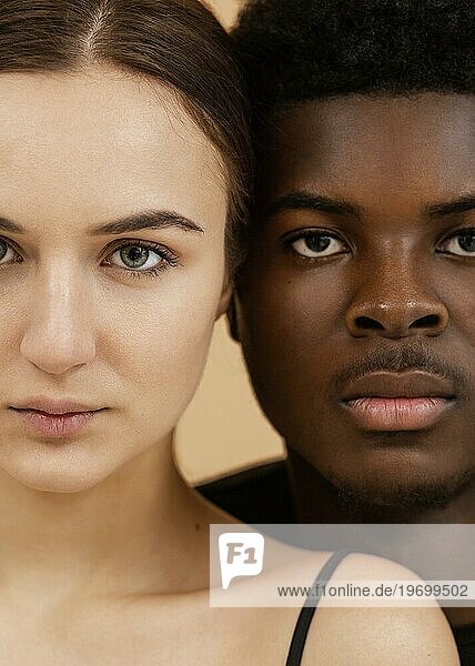 Close up interracial couple portrait