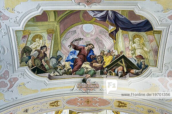 Fresko  Jesus jagt die Händler aus dem Tempel  barocke Klosterkirche St. Georg  Kloster  Reichsabtei Ochsenhausen  von 1090 bis 1803 ein Kloster der Benediktiner  Bayern  Deutschland  Europa
