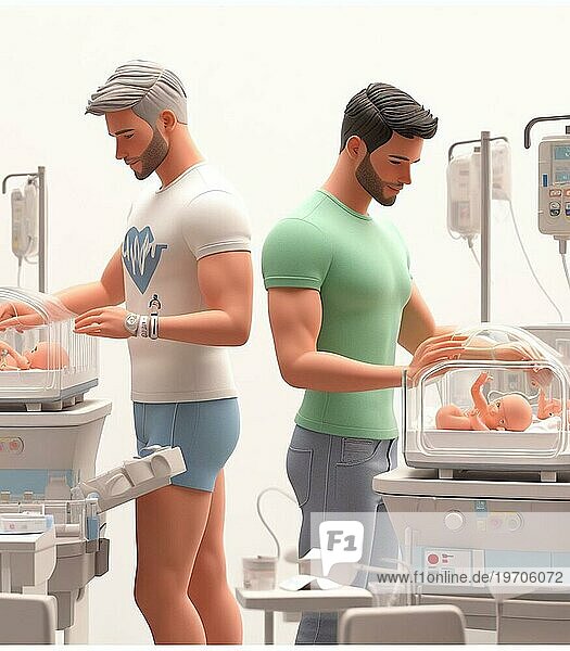 Illustration Darstellung Paar fit Homosexuell Personen im Krankenhaus Neonatologie Pädiatrie kümmern sich um Neugeborene  Regenbogen Familien Konzept  Baby ai generiert