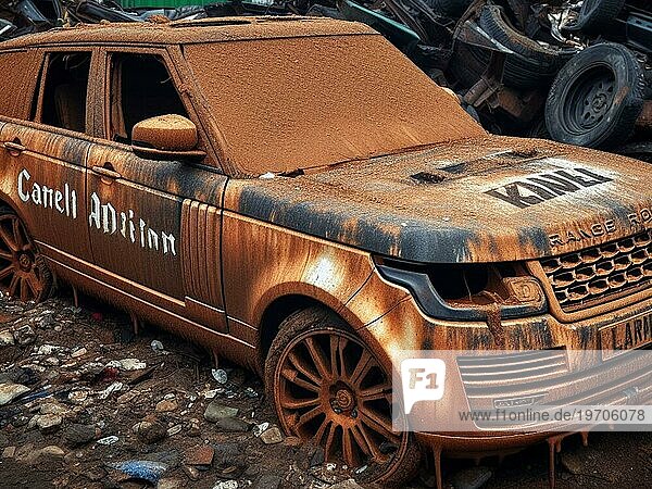 Crashed abandoned rusty expensive luxurious atmospheric 4 door powerful as circulation banned for co2 emission 2030 agenda dystopian concept ai generated
