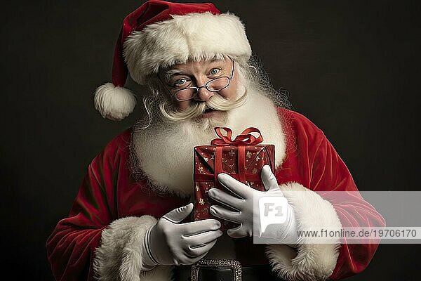 Traditioneller Weihnachtsmann mit Bart  der ein festlich verpacktes Geschenk hält. AI generiert