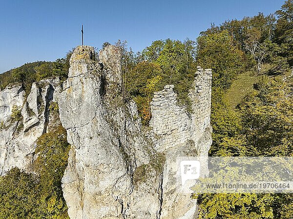 Aerial view of the remains of the walls of the medieval castle ruins of Neugutenstein  also known as Gebrochen Gutenstein  on a limestone rock needle in the upper Danube valley  Sigmaringen district  Baden-Württemberg  Germany  Europe