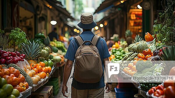 Junger erwachsener Mann mit Rucksack  der über den reichhaltigen Bauernmarkt geht. generative AI