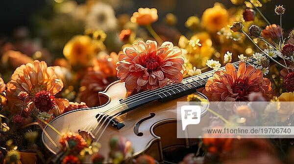Violin resting amid beautiful flowers in the meadow. generative AI