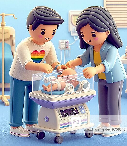 Illustration depicting couple of lesbian gay persons at the hospital neonatology paediatrics take care of newborn  rainbow families concept  baby ai generated