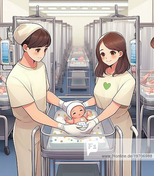 Illustration Darstellung Paar von lesbischen Homosexuell Personen im Krankenhaus Neonatologie Pädiatrie kümmern sich um Neugeborene  Regenbogen Familien Konzept  Baby ai generiert