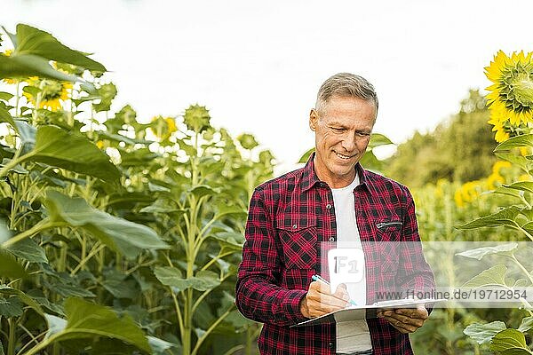 Mann macht sich Notizen Sonnenblumenfeld