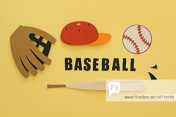 Draufsicht Baseball mit Schläger Handschuh Kappe
