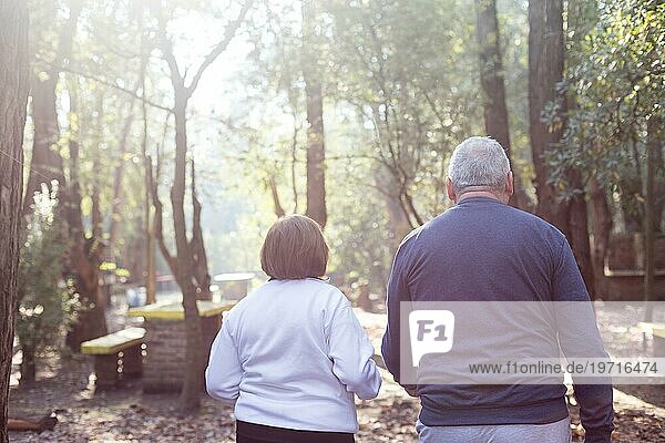 Rückansicht im Ruhestand Paar zu Fuß Sonnenuntergang Park
