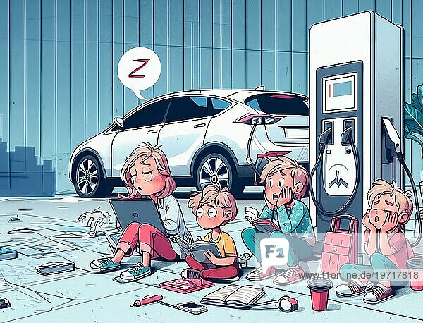 Sleepy gelangweilt Kinder Familie Menschen warten ev Elektro Hybrid Auto Geländewagen  um die Batterie aufzuladen  um weiter reisen Kunst ai generiert