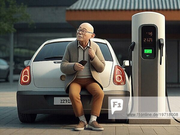 Sleepy gelangweilt asiatischen Patienten Senior im Ruhestand Mann wartet ev Elektro Hybrid Auto Geländewagen  um die Batterie aufzuladen  um weiter reisen Kunst ai generiert