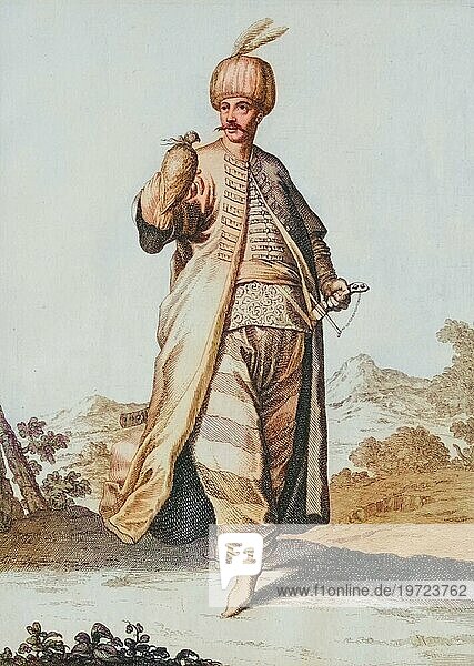 Traditional traditional costume  clothing  a Turkish mute  servant  with a falcon on his arm  c. 1700  Ottoman Empire  Turkey  copperplate engraving by Caspar Luyken from 1703  digitally restored reproduction from an 18th century model  Asia