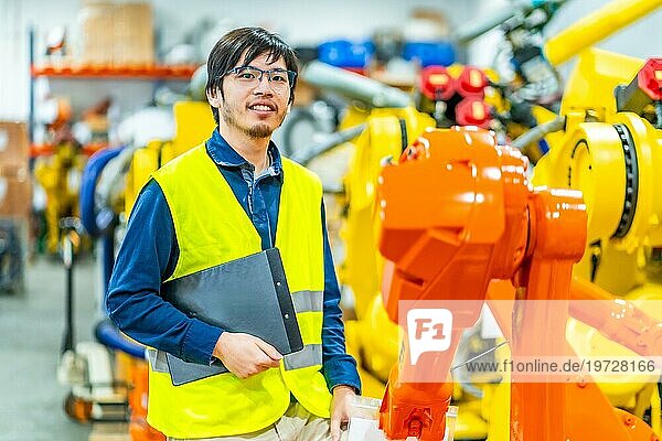 Porträt eines intelligenten jungen japanischen Ingenieurs in der Roboterindustrie