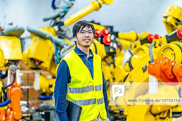 Porträt eines jungen japanischen Chefingenieurs eines Industrieroboters