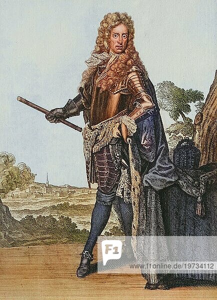 Traditional traditional costume,  clothing,  Romanorum Rex,  Iosephis I,  Joseph I (26 July 1678 to 17 April 1711) was a prince of the House of Habsburg and Roman-German emperor from 1705 to 1711,  copperplate engraving by Caspar Luyken from 1703,  digitally restored reproduction from an 18th century model