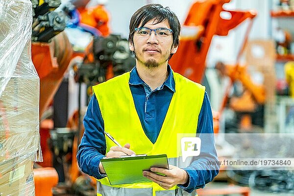 Japanischer Ingenieur bei der Erstellung von Produktionsberichten an einem Fließband für Industrieroboterarme