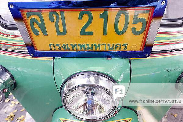 Close up of registration plate of a Tuk Tuk  a taxi characteristic of South East Asia  Bangkok  Thailand  Southeast Asia  Asia