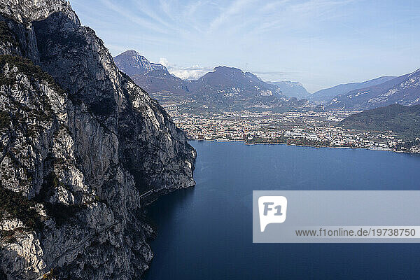 Italy  Trentino-Alto Adige  Riva del Garda  Aerial view of town on shore of Lake Garda