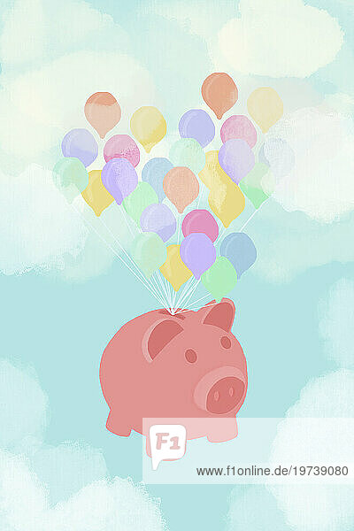 Piggy bank tied to bunch of balloons flying in clouds