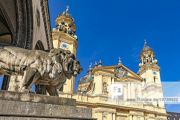 Germany  Bavaria  Munich  Lion sculpture in front of Theatine Church