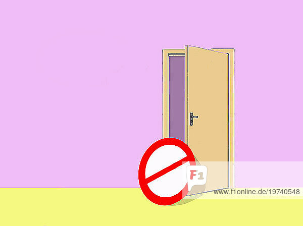 Forbidden sign on open door against pink background