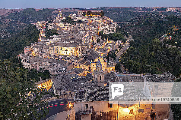 Italy  Sicily  Modica  Old town seen from Duomo of San Giorgio at dusk
