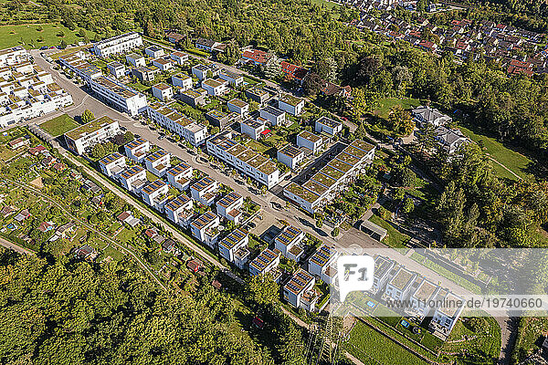 Germany  Baden-Wurttemberg  Esslingen  Aerial view of modern energy efficient suburb in summer