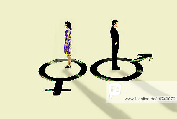 Man and woman standing on gender symbols facing opposite directions