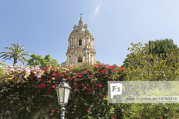Italy  Sicily  Modica  Flowers blooming in front of Duomo of San Giorgio