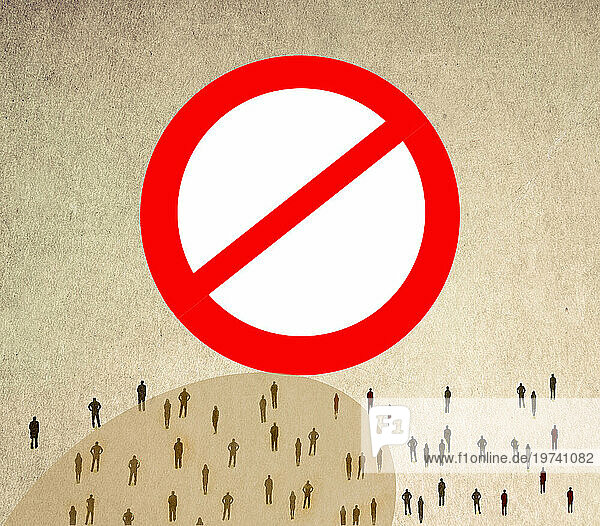 People standing in front of forbidden symbol against brown background