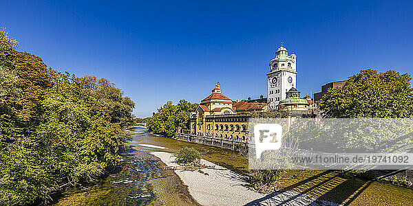 Germany  Bavaria  Munich  Isar river and Mullersches Volksbad bathhouse