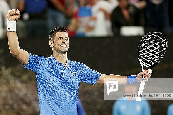 Novak Djokovic jubelt nach dem Sieg  Australian Open 2023  Melbourne Park  Melbourne  Victoria  Australia