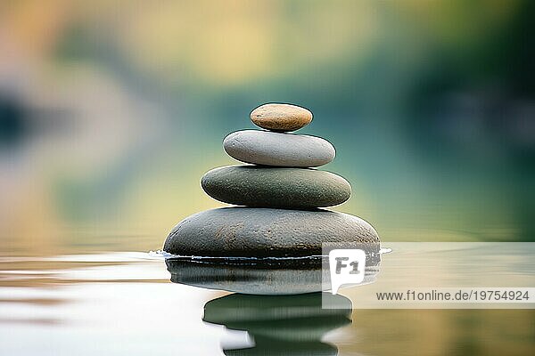 Stapel von Zensteinen auf Wasser mit einem natürlichen Hintergrund. Das Bild vermittelt ein Gefühl von Gleichgewicht  Harmonie und Frieden. Geeignet für den Einsatz in Wellness Therapie und Entspannungskonzepten