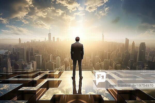 Mann im Anzug steht auf einem Dach mit Blick auf die Skyline der Stadt bei Sonnenaufgang mit Wolken und aufgehende Sonne am Horizont. Konzept von Ehrgeiz  Erfolg und Führung
