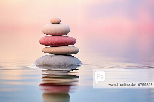 Stapel von Zensteinen auf Wasser mit einem natürlichen Hintergrund. Das Bild vermittelt ein Gefühl von Gleichgewicht  Harmonie und Frieden. Geeignet für den Einsatz in Wellness Therapie und Entspannungskonzepten