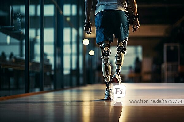 Amputierter Sportler  der mit einer bionischen Beinprothese mit Robotertechnik durch einen Korridor läuft. Fortschritte in der medizinischen Wissenschaft und Technik  Entschlossenheit  Stärke  Fortschritt der Behinderten
