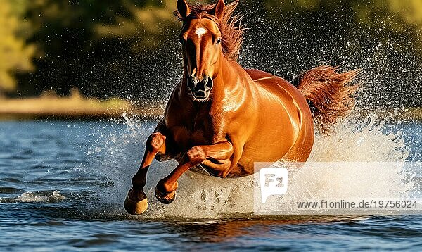 Schöne braune Pferd galoppiert im Wasser auf sonnigen Tag  Bewegungsunschärfe Ai generiert