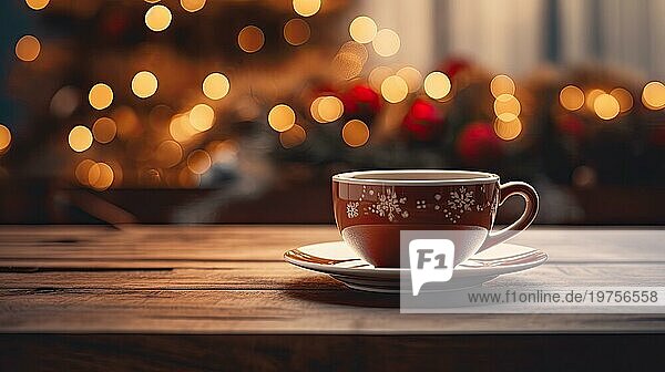 Eine Tasse Kaffee auf einem Holztisch vor einem Weihnachtsbaum. Platz für Text. Weihnachten Hintergrund. Bokeh Lichter AI generiert