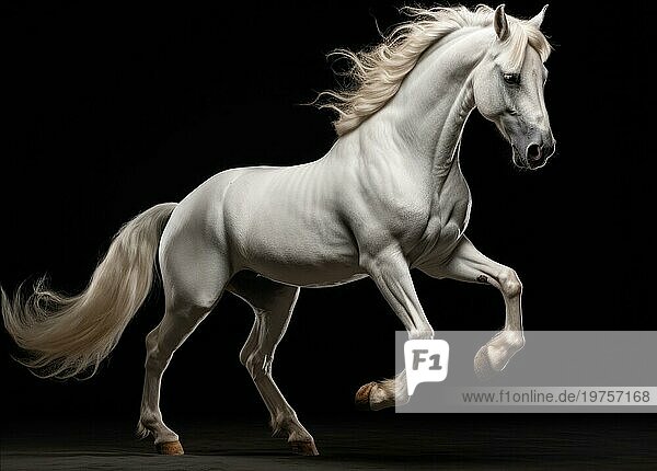 Weißes Pferd mit langer Mähne in Bewegung vorschwarzem Studio Hintergrund Ai generiert
