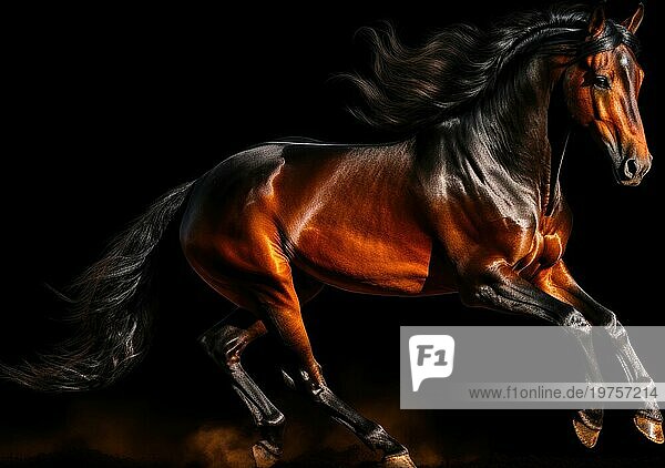 Schöne braune Pferd läuft im Feuer auf einem schwarzen Hintergrund Ai erzeugt