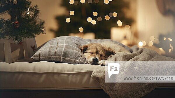 Süßer Hund schläft auf dem Sofa in einem weihnachtlich dekorierten Raum. Gemütliche Atmosphäre Ai erzeugt