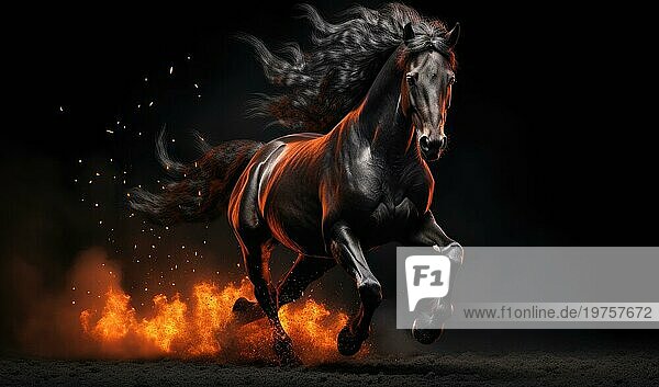 Schöne braune Pferd läuft im Feuer auf einem schwarzen Hintergrund Ai erzeugt