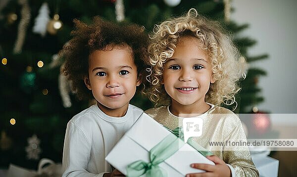 Zwei Kinder packen gemeinsam Weihnachtsgeschenke aus. Kinder in weißen Kranz in der Nähe von Weihnachtsbaum. Familie Konzept Ai erzeugt