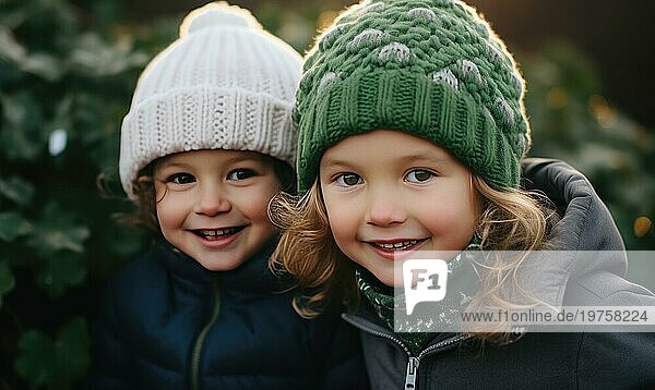 Zwei Kinder  die zusammen lächeln. Winterzeit. Sonnenuntergang Licht Ai erzeugt