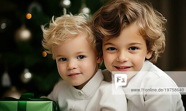 Zwei Kinder packen gemeinsam Weihnachtsgeschenke aus. Brüder im weißen Kranz am Weihnachtsbaum. Familie Konzept Ai erzeugt