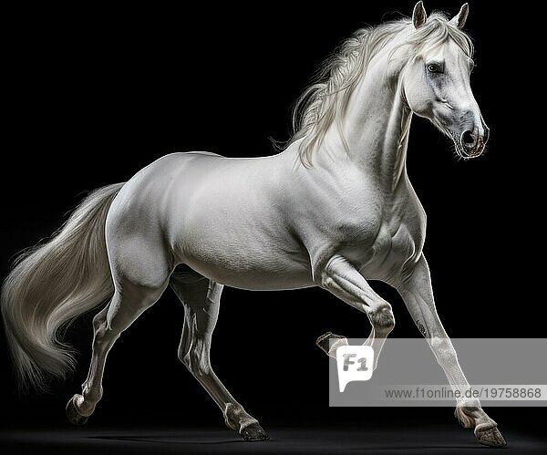 Weißes Pferd mit langer Mähne in Bewegung auf schwarzem Hintergrund Ai erzeugt
